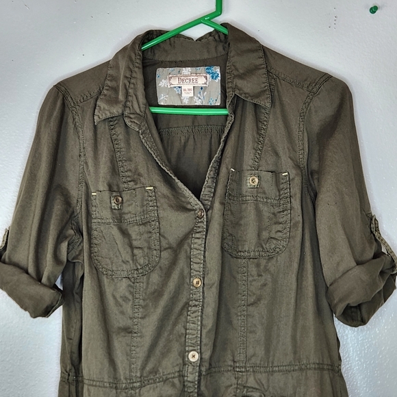 Decree Army Green Utility Button Up Zip Pockets Roll Tab Sleeve Top Size XXL - Picture 2 of 9